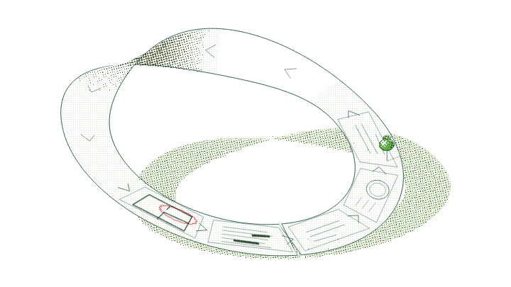 Risograph: a strip of paper closed into a Möbius band floats above a table; along it, the stations of a correction, among them a plan with a red revision cloud.