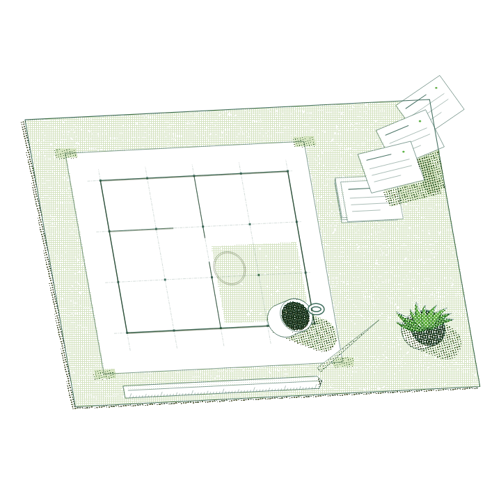 Risograph: a drafting table from above with a plan, a coffee cup, a scale rule, a pencil and a potted plant; small cards glide onto a stack.