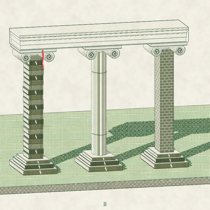 Risograph: three columns together carry a white slab with a planted roof. The first is made of stacked law books, the second of bundled rolled drawings, the third of brick; all stand on books and wear capitals of rolled-up drawings. A small figure stands between them.