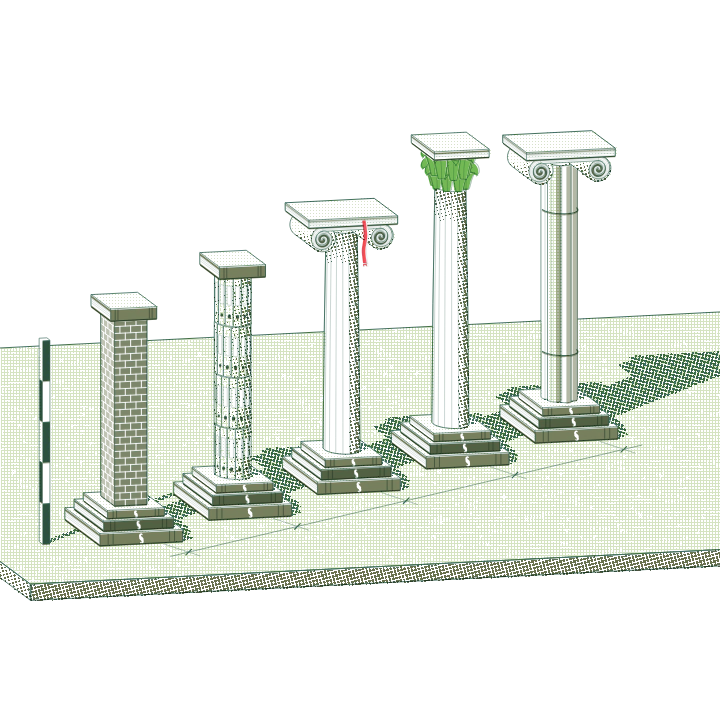 Risograph in the manner of an architecture textbook plate: five orders of columns in a row, each a little taller – a brick pier, a column of binders, the Ionic column with rolled drawings for volutes, one with green leaves for a capital, and one of bundled rolled drawings. A chain dimension runs in front, a levelling staff stands at the left.